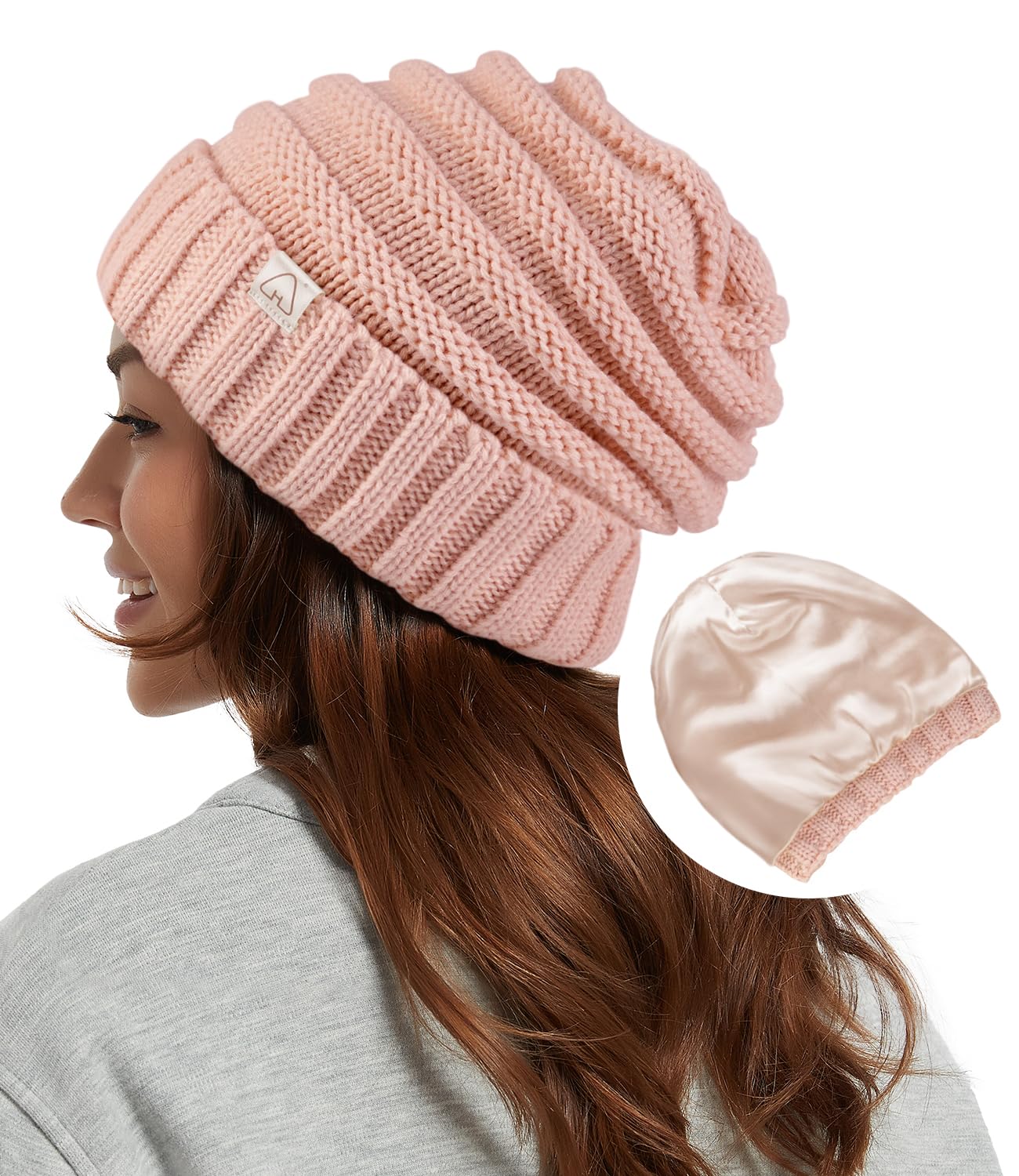 Hat Hut Womens Satin Lined Beanie Winter Hats with Silk Lining for Hair Slouchy Beanie Soft Warm Cable Knit Winter Hat